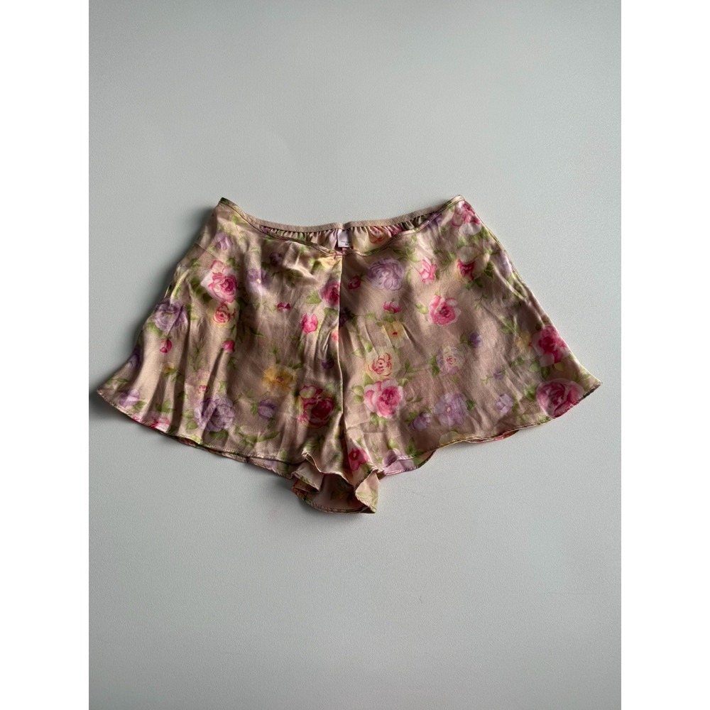 Vtg 1999 Victoria's Secret 100% Silk Floral Sleep Shorts M Tan Pink Rose Y2K